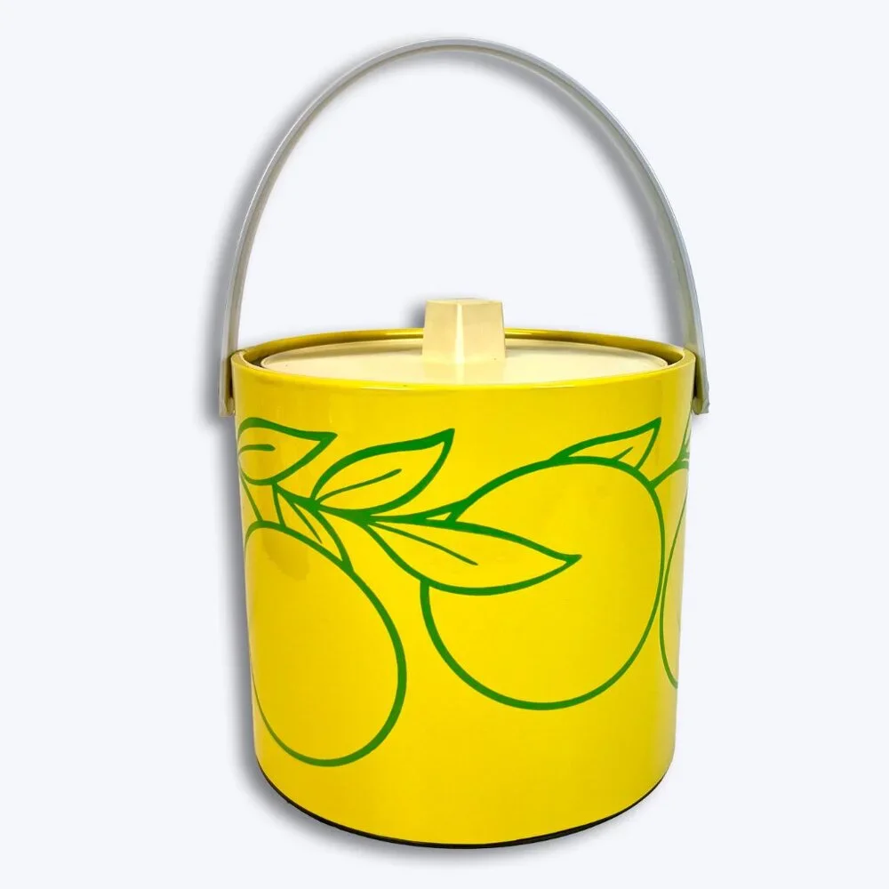 Vtg 70s Lemon Ice Bucket Vinyl Mod Pop Art Kitsch Retro Citrus Yellow Barware